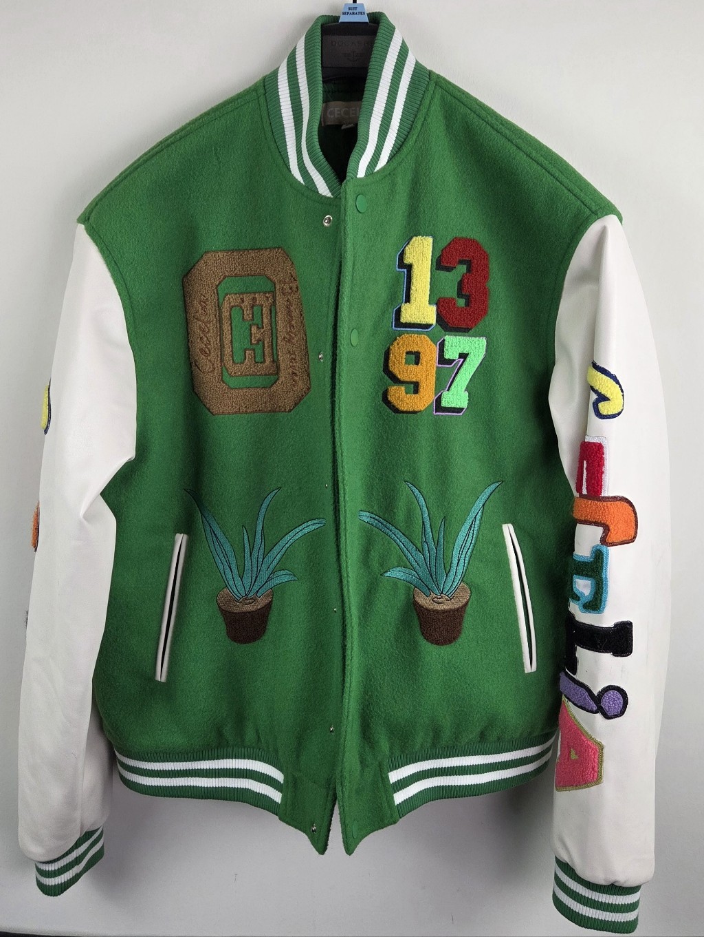 Cecelia Varsity Jacket Mens Medium Green Gardening Thumbs Up Patches Relaxed Fit